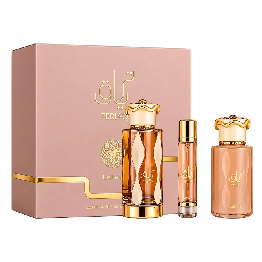 Kit de perfume Lattafa Teriaq Eau de Parfum femenino 100ml + Perfume de Viagem 12ml + Hair Mist 50ml